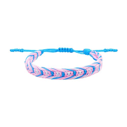 Trans Pride woven cord bracelet with adjustable string tie and pink blue white transgender pride colors