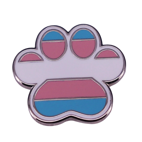 Transgender pride paw print enamel pin with light blue pink and white flag colors