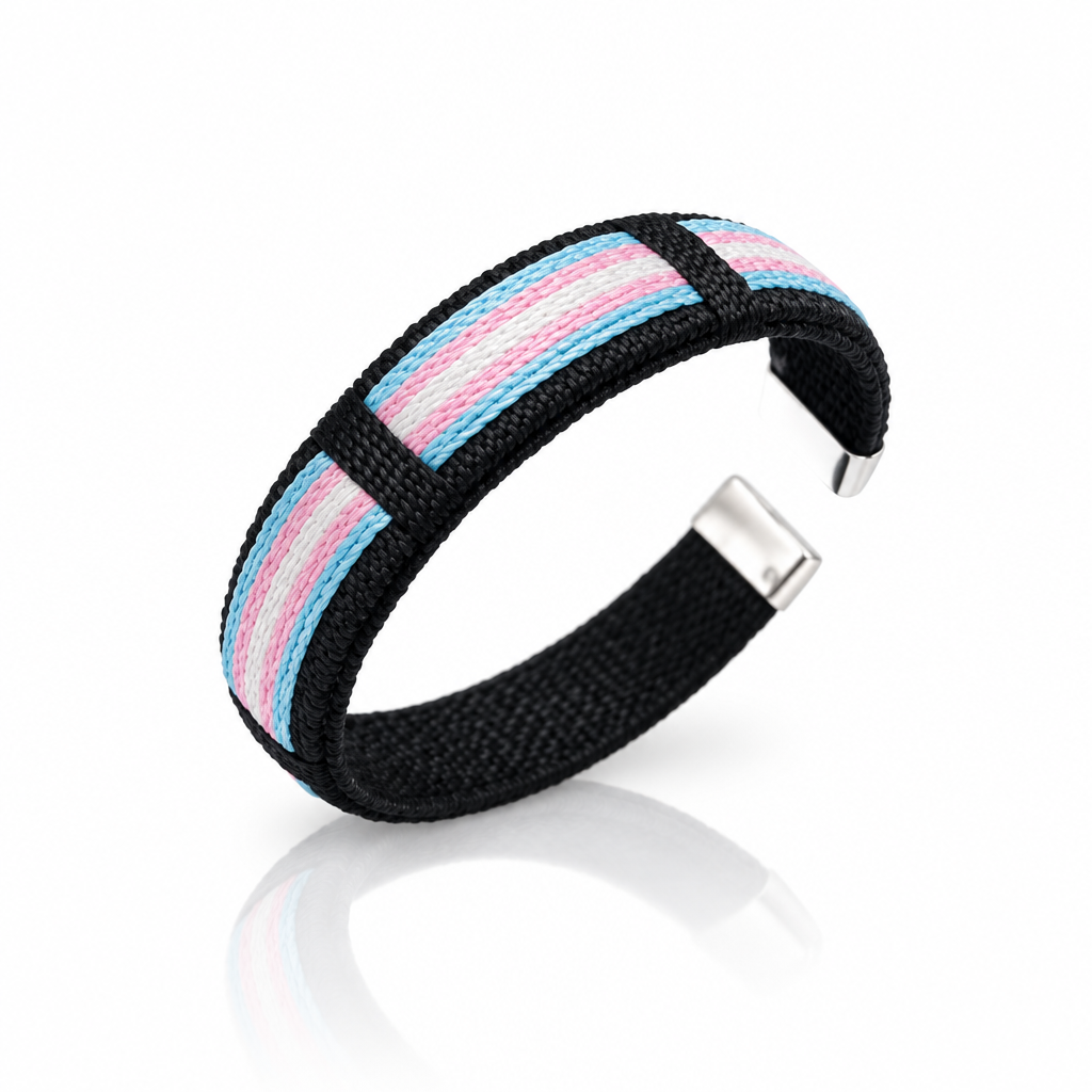 Trans pride woven cuff bracelet with pastel blue pink and white stripe design