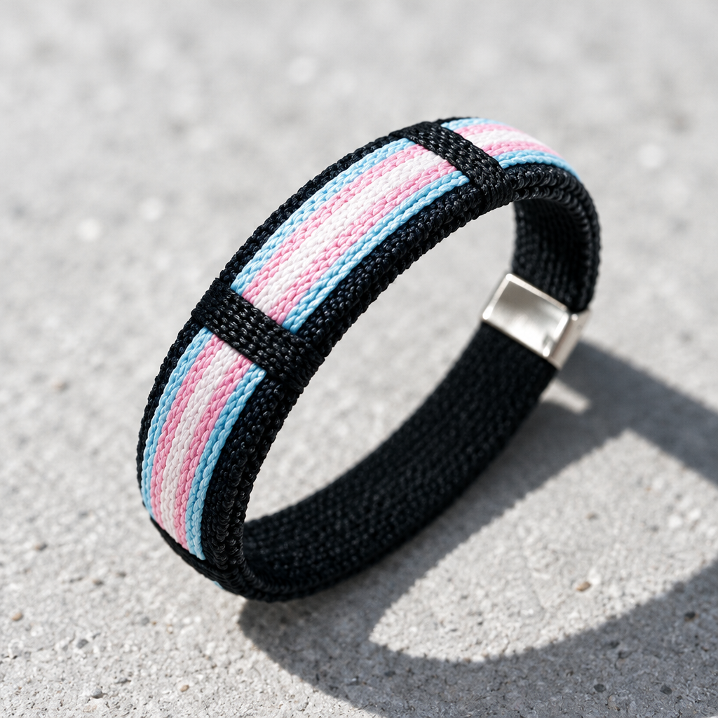 Trans pride woven cuff bracelet with pastel blue pink and white stripe design displayed on a concrete surface