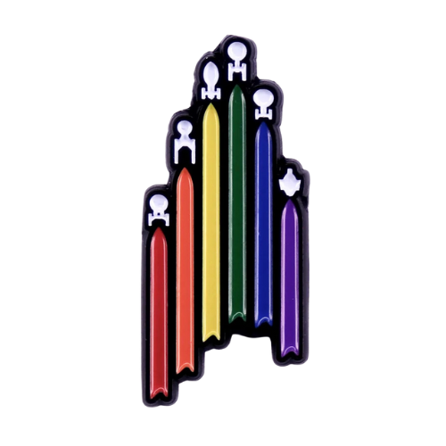 Rainbow sci-fi inspired enamel pin with colorful Pride flag insignia design