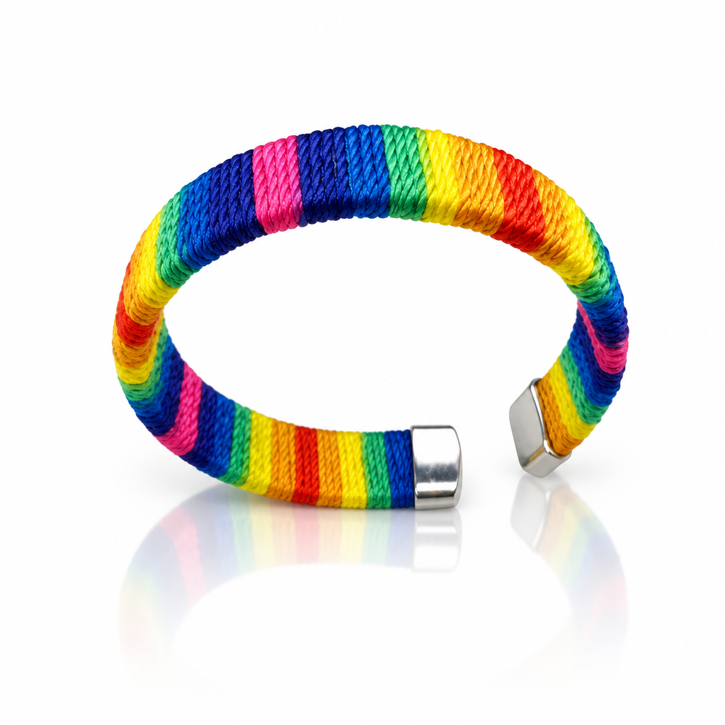 Tropical rainbow pride woven cuff bracelet with vibrant multicolor thread stripe design