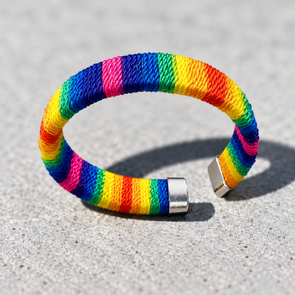 Tropical rainbow pride woven cuff bracelet with vibrant multicolor thread stripe design displayed on a cement surface