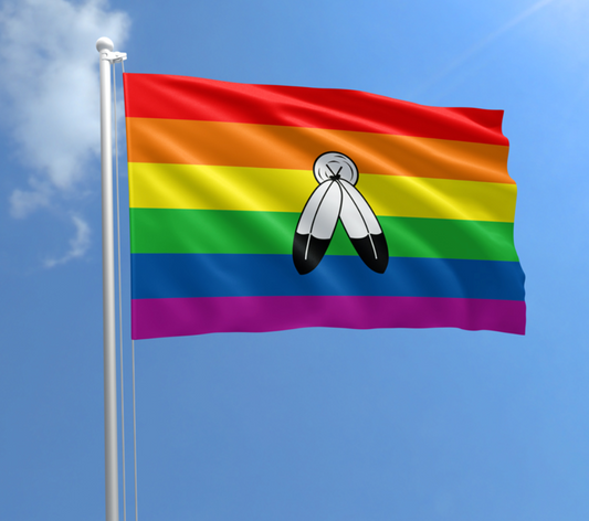 Two-Spirit Pride outdoor flag with feather symbols rainbow colors and central circle design