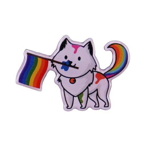 White rainbow pride cat enamel pin holding LGBTQ rainbow flag with colorful rainbow tail