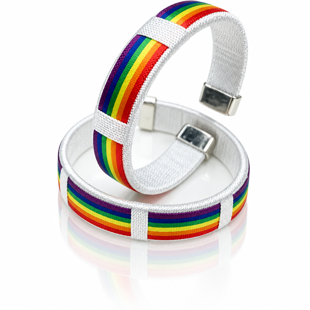 White satin rainbow pride cuff bracelet with colorful woven stripe design