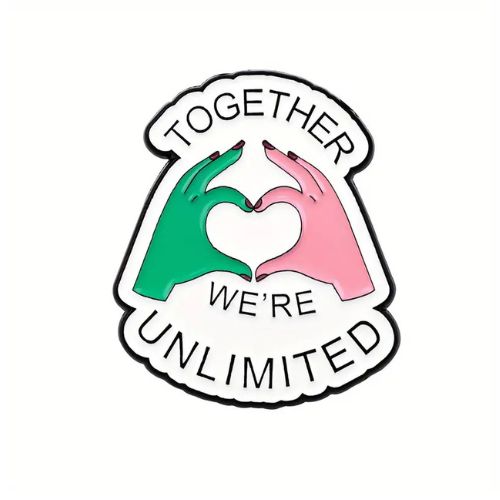 Together We’re Unlimited enamel pin with pink and green hand heart design inspired by musical theater fandom